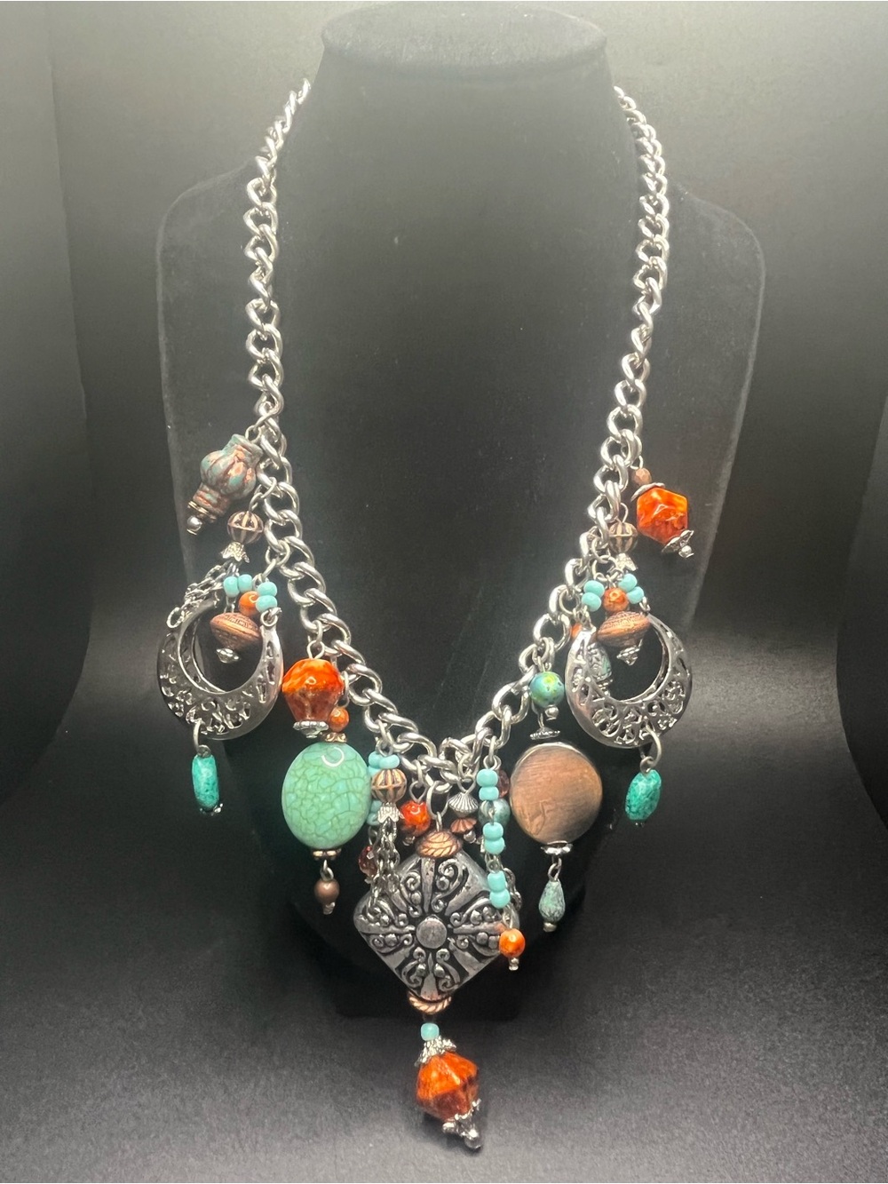 Silver tone boho charm necklace with resin beads